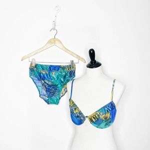 vintage 80s gottex glossy glitter high leg bikini set blue fish